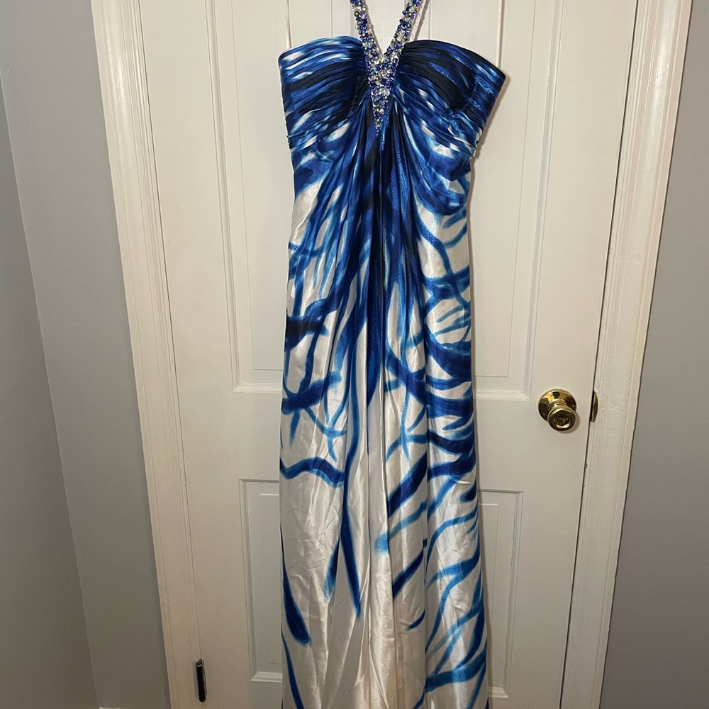 Blue and White Beaded Halter Dress / Evening Gown